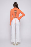 Lace-Up Back Bell Sleeve Blouse