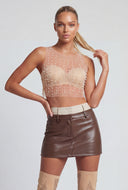 Faux Pearl Glam Sleeveless Mesh Crop Top