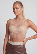 Faux Pearl Glam Sleeveless Mesh Crop Top