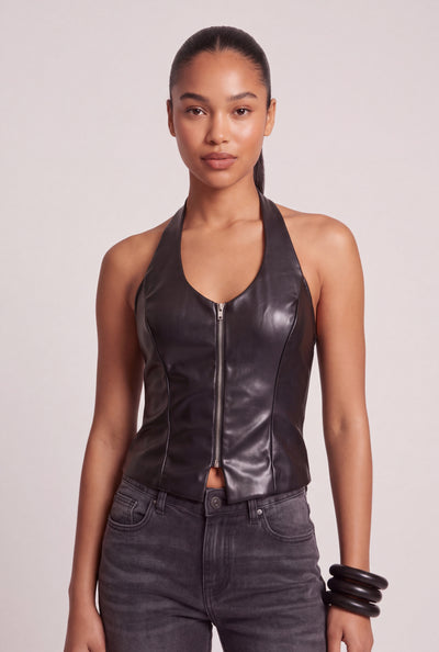 Vegan Leather Zip Halter Top