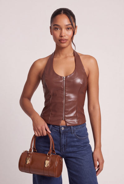 Vegan Leather Zip Halter Top
