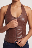 Vegan Leather Zip Halter Top