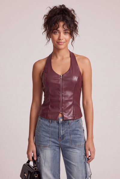Vegan Leather Zip Halter Top