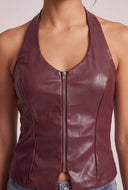 Vegan Leather Zip Halter Top