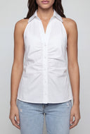 Sleeveless Ruched Button-Front Halter Top