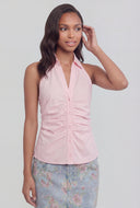 Sleeveless Ruched Button-Front Halter Top