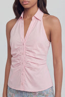 Sleeveless Ruched Button-Front Halter Top