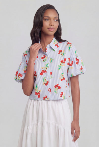 Striped Cherry Print Bubble Sleeve Shirt