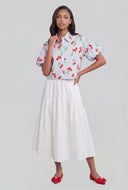 Striped Cherry Print Bubble Sleeve Shirt