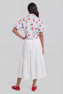 Striped Cherry Print Bubble Sleeve Shirt