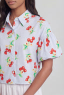 Striped Cherry Print Bubble Sleeve Shirt