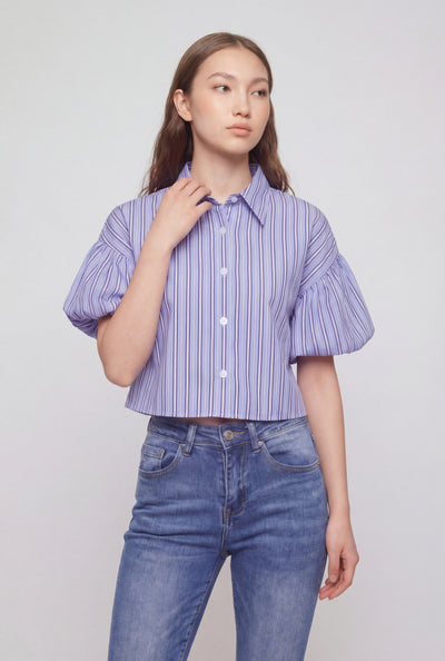 Striped Cherry Print Bubble Sleeve Shirt