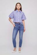 Striped Cherry Print Bubble Sleeve Shirt