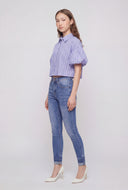 Striped Cherry Print Bubble Sleeve Shirt
