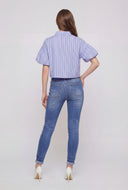 Striped Cherry Print Bubble Sleeve Shirt