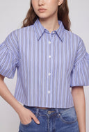 Striped Cherry Print Bubble Sleeve Shirt