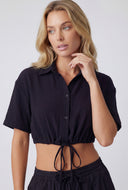 Crepe Tie Drawstring Front Crop Shirt