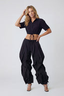 Crepe Tie Drawstring Front Crop Shirt