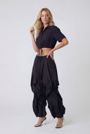 Crepe Tie Drawstring Front Crop Shirt
