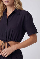 Crepe Tie Drawstring Front Crop Shirt