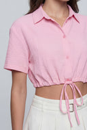 Crepe Tie Drawstring Front Crop Shirt