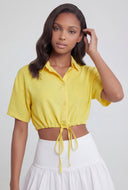 Crepe Tie Drawstring Front Crop Shirt