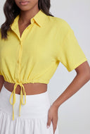 Crepe Tie Drawstring Front Crop Shirt