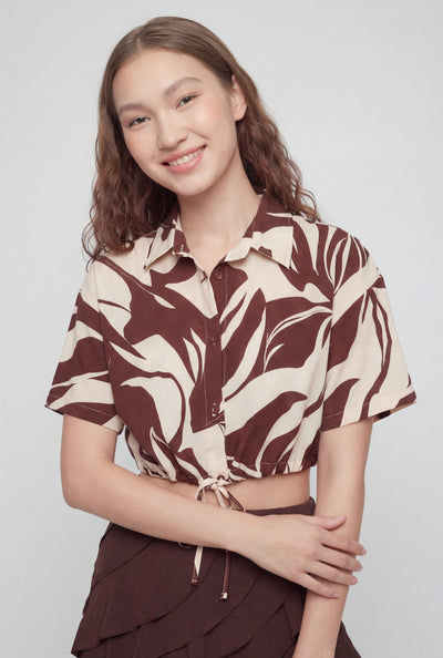 Printed Crepe Drawstring Hem Blouse