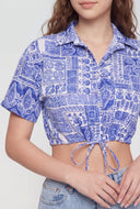 Printed Crepe Drawstring Hem Blouse