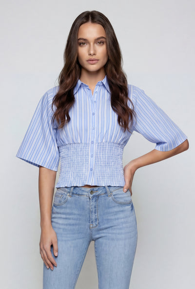 Striped Smocked Button-Front Crop Shirt