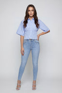 Striped Smocked Button-Front Crop Shirt