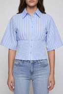 Striped Smocked Button-Front Crop Shirt