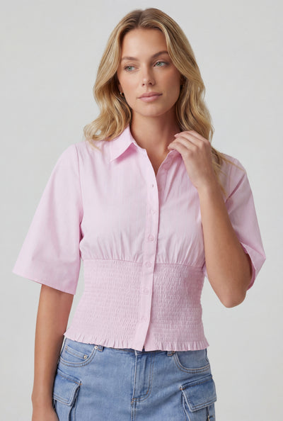 Striped Smocked Button-Front Crop Shirt