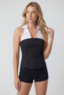 Collared Color Block Belted Blouse
