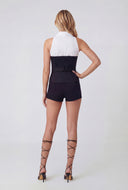 Collared Color Block Belted Blouse