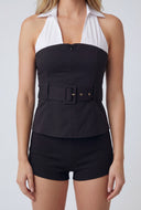 Collared Color Block Belted Blouse