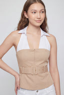 Collared Color Block Belted Blouse