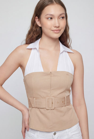 Collared Color Block Belted Blouse