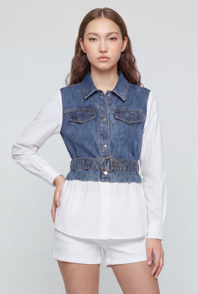 Denim Insert Belted Poplin Shirt