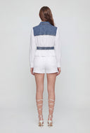 Denim Insert Belted Poplin Shirt