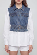 Denim Insert Belted Poplin Shirt