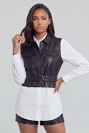 Vegan Leather Insert Belted Poplin Shirt