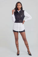 Vegan Leather Insert Belted Poplin Shirt