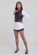 Vegan Leather Insert Belted Poplin Shirt