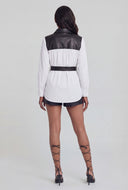 Vegan Leather Insert Belted Poplin Shirt
