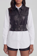Vegan Leather Insert Belted Poplin Shirt