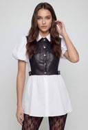 Vegan Leather Insert Puff Sleeve Shirt