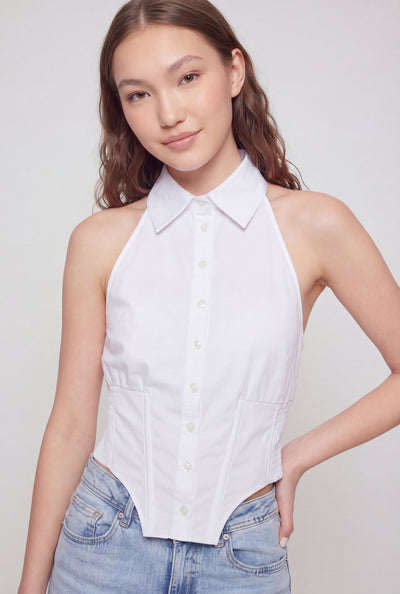 Poplin Button-Front Halter Top