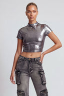 Metallic High Neck Crop Top