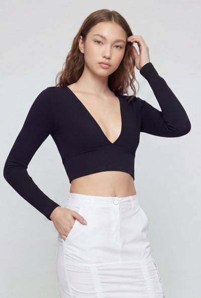 Plunge V-Neck Long Sleeve Crop Top